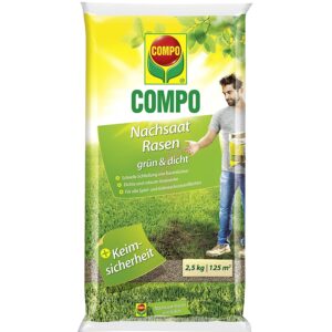 Compo Nachsaat-Rasen grün und dicht, Rasenmischung mit schnell keimenden Rasensorten, 2,5 kg, 125m²